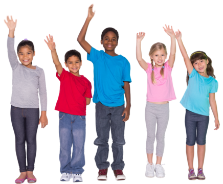 Digital png photo of happy diverse children raising hands on transparent background
