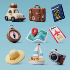 Photo sur Plexiglas Voitures de dessin animé Collection of Travel Tourism 3d icon, Trip Planning World Tour. Holiday Vacation, Travel and Transport concept.