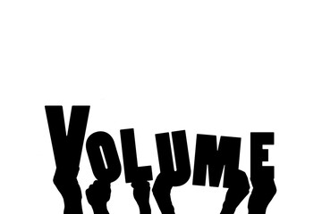 Digital png illustration of hands with volume text on transparent background