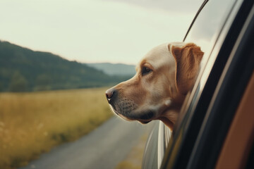 Generative AI. Golden Retriever Dog on a road trip. Cute happy dog looking out of car window. travel with pet. roadtrip. dog with his head out of the car window, breathes in the fresh air