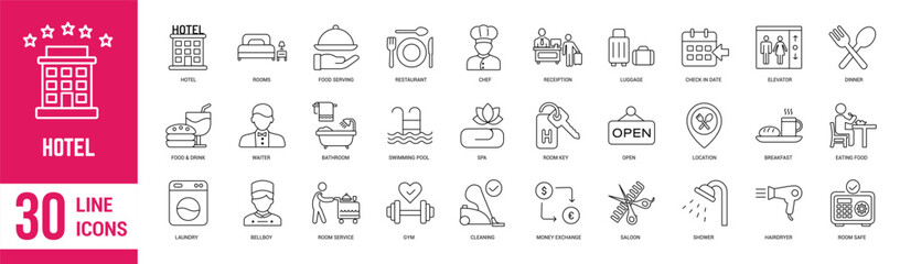 Hotel thin line icons set. Booking, reservation, room, airport, accommodation, travel, plane, payment, hospitality and food. Vector illustration. - obrazy, fototapety, plakaty