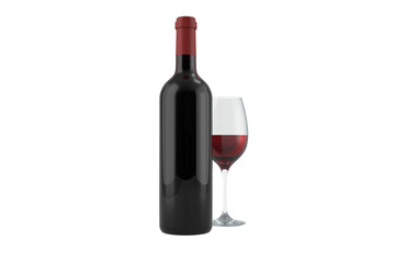 Digital png illustration of bottle and glass of red wine on transparent background