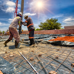 african construction workers using a boom concrete pump to fill the foundation of a building
