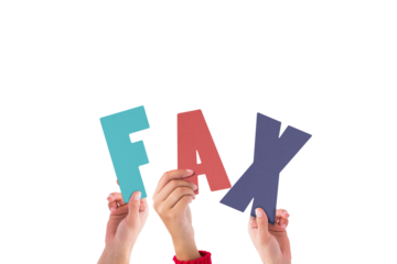 Digital png illustration of hands holding fax text on transparent background