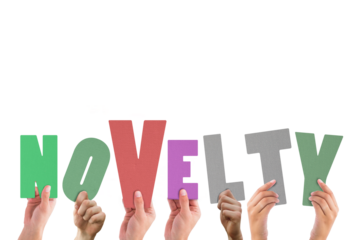 Digital png illustration of hands holding novelty text on transparent background