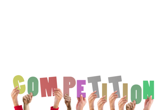 Digital png illustration of hands holding competition text on transparent background - Powered by Adobe