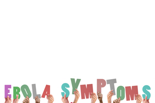 Digital png illustration of hands holding ebola symptoms text on transparent background