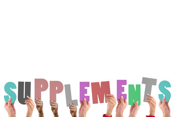 Digital png illustration of hands with supplements text on transparent background