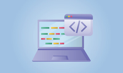 Computer laptop and program code development, coding screen. IT technologies, website programming, project data programming, software engineering concept. vector icon.on blue background.Vector Design 
