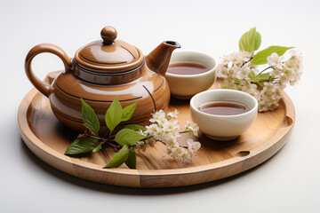 Traditional Tea Set With Herbs On An Unusual Tray Created With The Help Of Artificial Intelligence