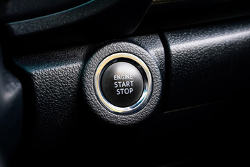 Close up engine car start button. Start stop engine modern new car button,Makes it easy to turn your auto mobile on and off. a key fob unique ,selective focus