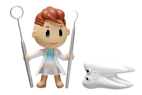 3d miniature cartoon character dentist with dentist mirror, sickle scaler check for cavities, dental examination of the dentist, health of white teeth, oral care 3d render, isolated