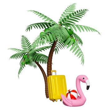 3d summer sea beach with suitcase, Inflatable flamingo, palm tree isolated. summer travel concept, 3d render illustration