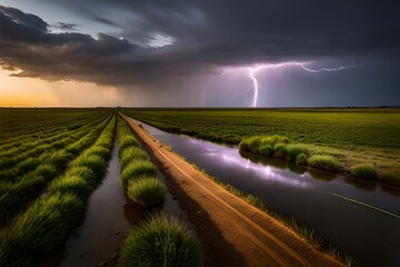 Lightning storm over field in Roswell New Mexico