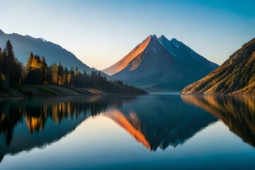 Fototapeta na wymiar Volcanic mountain in morning light reflected in calm waters of lake