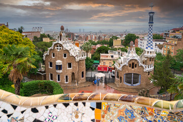 Naklejka premium Daytime photo of Park Guell, in Barcelona, Spain, from the Monumental Zone terrace.