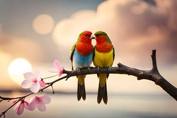 Adorable Love Birds sitting on a branch of a cherry blossom tree Valentine's Day