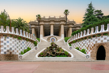 Stairway leading up to Park Guell terrace in Barcelona, Spain. No people. Early morning light.