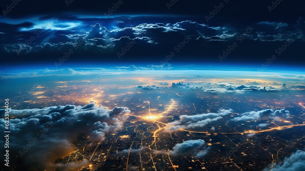 Canvas Prints panoramic view on planet earth globe from space. glowing city lights, light clouds. generative ai