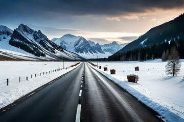  View of road leading towards snowy mountains