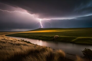 Naklejka na ściany i meble Lightning storm over field in Roswell New Mexico