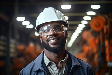 Engineer Worker Wearing Uniform, Glasses and Hard Hat in a Steel Factory. Smiling African American Industrial Specialist Standing in a Metal Construction Manufacture.