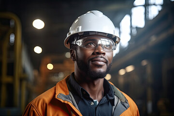 Engineer Worker Wearing Uniform, Glasses and Hard Hat in a Steel Factory. Smiling African American Industrial Specialist Standing in a Metal Construction Manufacture.