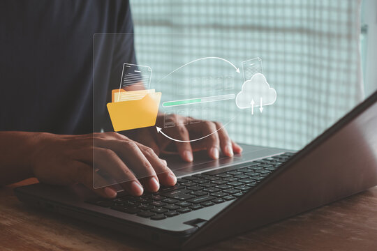 Transfer files data system relocation concept. Data transfer through cloud technology Exchange data with modern internet technology that is fast and secure Internal document backup on online database.