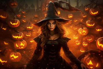 Happy Halloween Celebration with Spooky Decorations and Witches in a Mysterious Autumn Night.