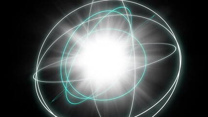 Lots of glowing blue neon rings on an isolated black background rotating randomly around a center with a pulsating rising bright light with beams. 4k loop video animation 60 fps.