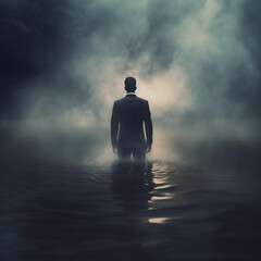 A Businessman Standing in Water Surrounded by Fog Generative AI