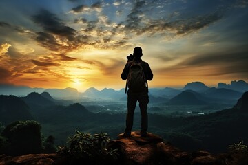 Photographer on peak of the mountain with sunset sky ,silhouette- Generative ai