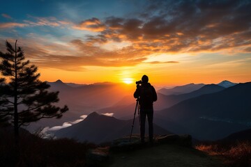 Photographer on peak of the mountain  with sunset sky ,silhouette- Generative ai 