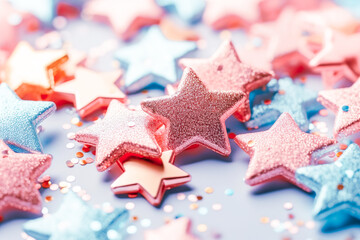 Colorful stars confetti on background. Festive decoration.