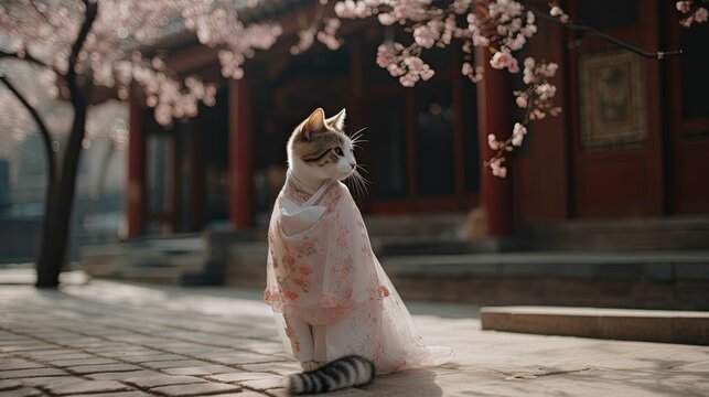 cute cat wearing japanese kimono style