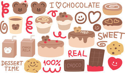 Chocolate's Day illustrations of HBD cake, cupcake, cookie, milk drink, donut and teddy bear for sweet dessert, snack, cafe, restaurant menu, recipe, logo, bakery, pastry, baking elements, cartoon