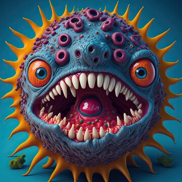 Microscopic view of cute cartoon monster virus concept. Highly detailed virus illustration.