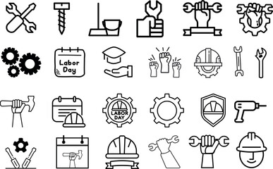 25 Labor Day Icons . the set of  flat design icons related to Labor Day, such as tools, workers, flags, and banners. The icons are isolated on a white background . Do labor movement with these icons.