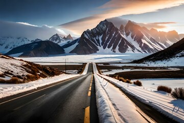 View of road leading towards snowy mountains