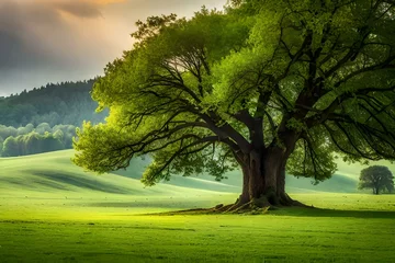 Deurstickers Weide Lonely green oak tree in the field 