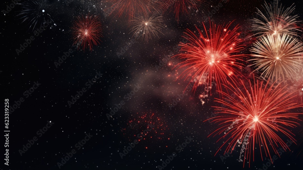 Poster fireworks in night sky, explosion. web banner with copy space. generative ai