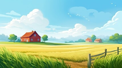 Cartoon farm, green field. Web banner with copy space. Generative AI