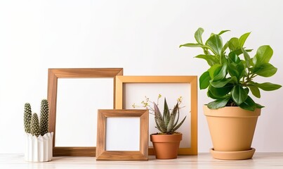Clean and modern: white table with empty wooden photo frame and greenery Creating using generative AI tools