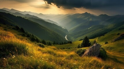 Serene Rolling Hills, Distant Mountains, Trees, and Scenic Landscape