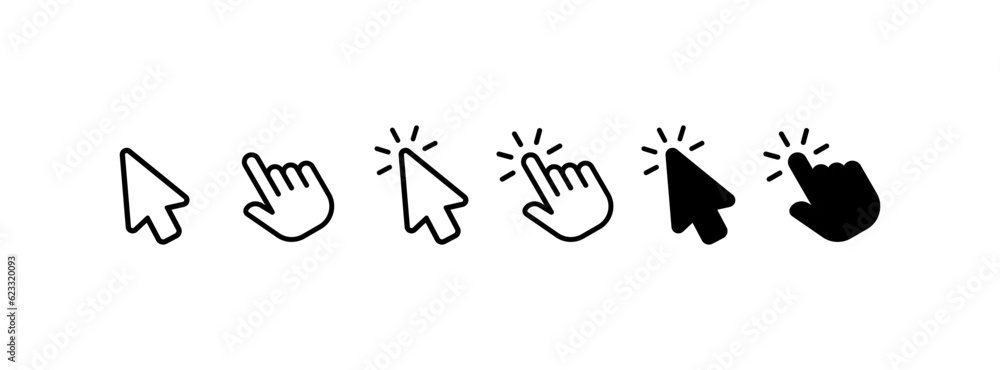 Poster cursor. flat, black, computer pointer, hover and click. vector icons.