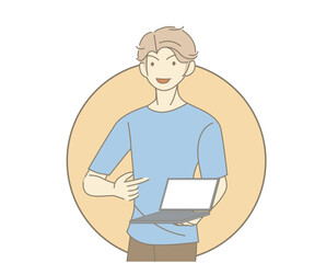 Young smiling man holding and pointing at blank screen laptop computer. Distance and e-learning education concept. 2d vector people character illustration. Cartoon minimal style