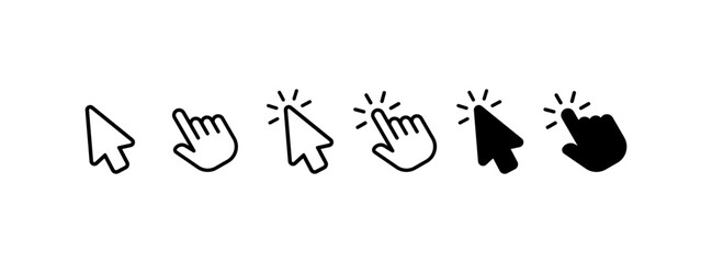 Cursor. Flat, black, computer pointer, hover and click. Vector icons.