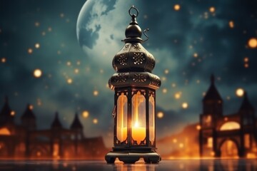 Ornamental Arabic lantern with burning candle glowing at night. Festive greeting card, the invitation for the Muslim holy month Ramadan Kareem.