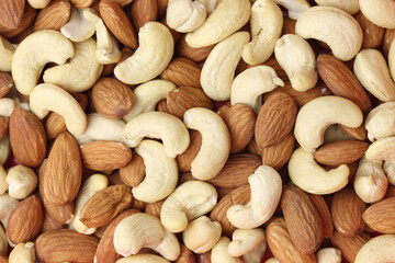 Top angle shot of Almonds and cashew nut. Close up of Almonds and cashew nut.Prunus dulcis and...