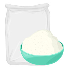 Package of flour powder and bowl concept food ingredient bakery illustration vector